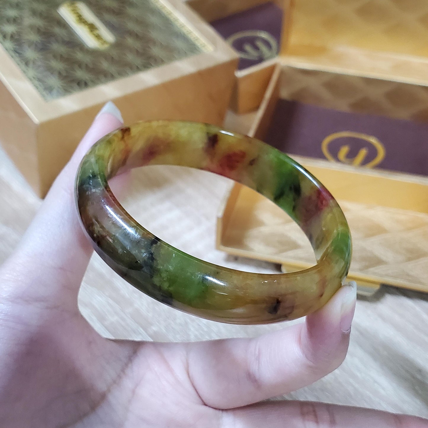 High Quality 48-72mm Jadeite Jade Bangle, Yellow Mixed Green Black Brown Spot, Burmese, D-Shape, Feng Shui Jewelry, Gift for Mom