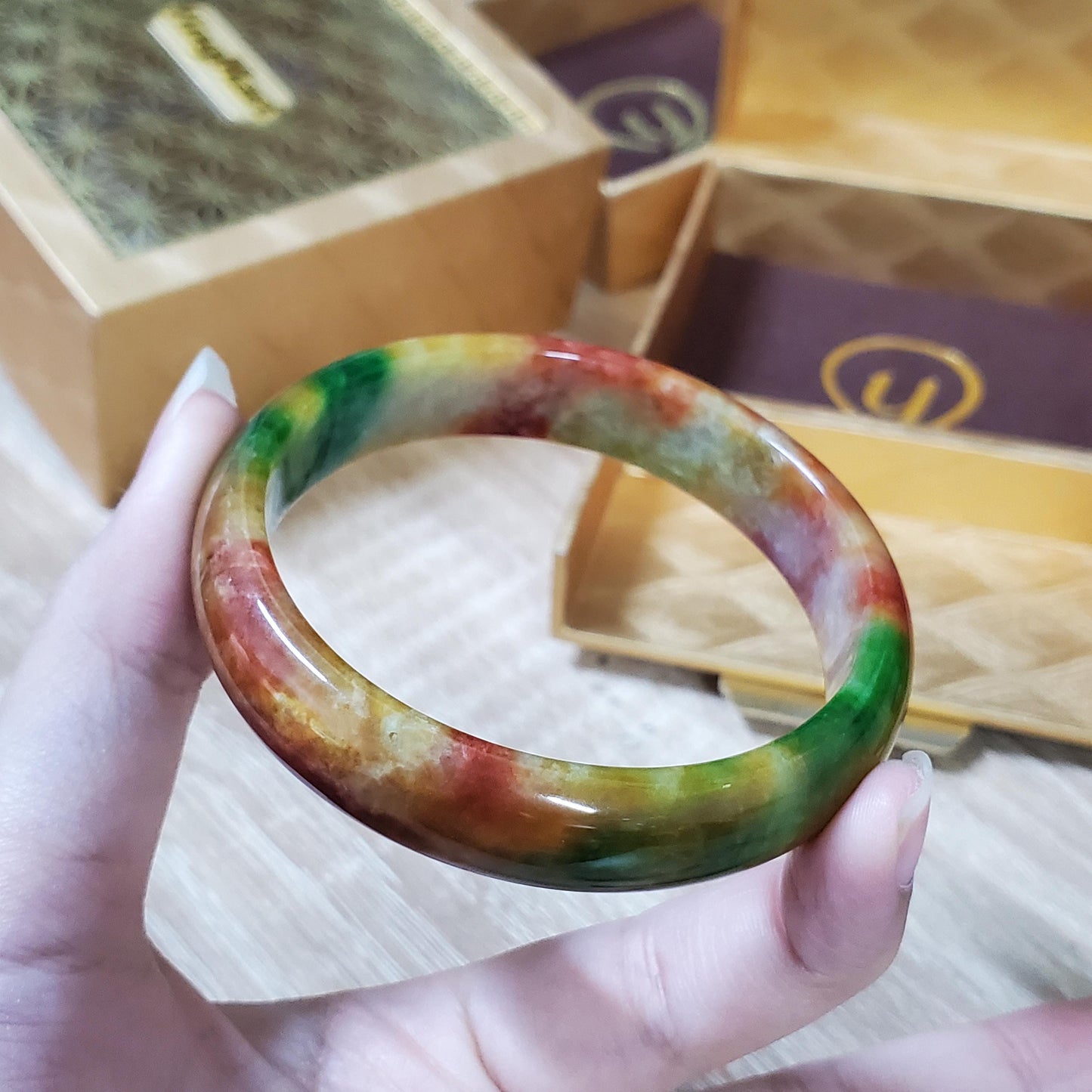 High Quality 48–72mm Jadeite Jade Orange Yellow Green Spot Bangle Gift for Her Mom Grandma Feng Shui Personalized Jewelry