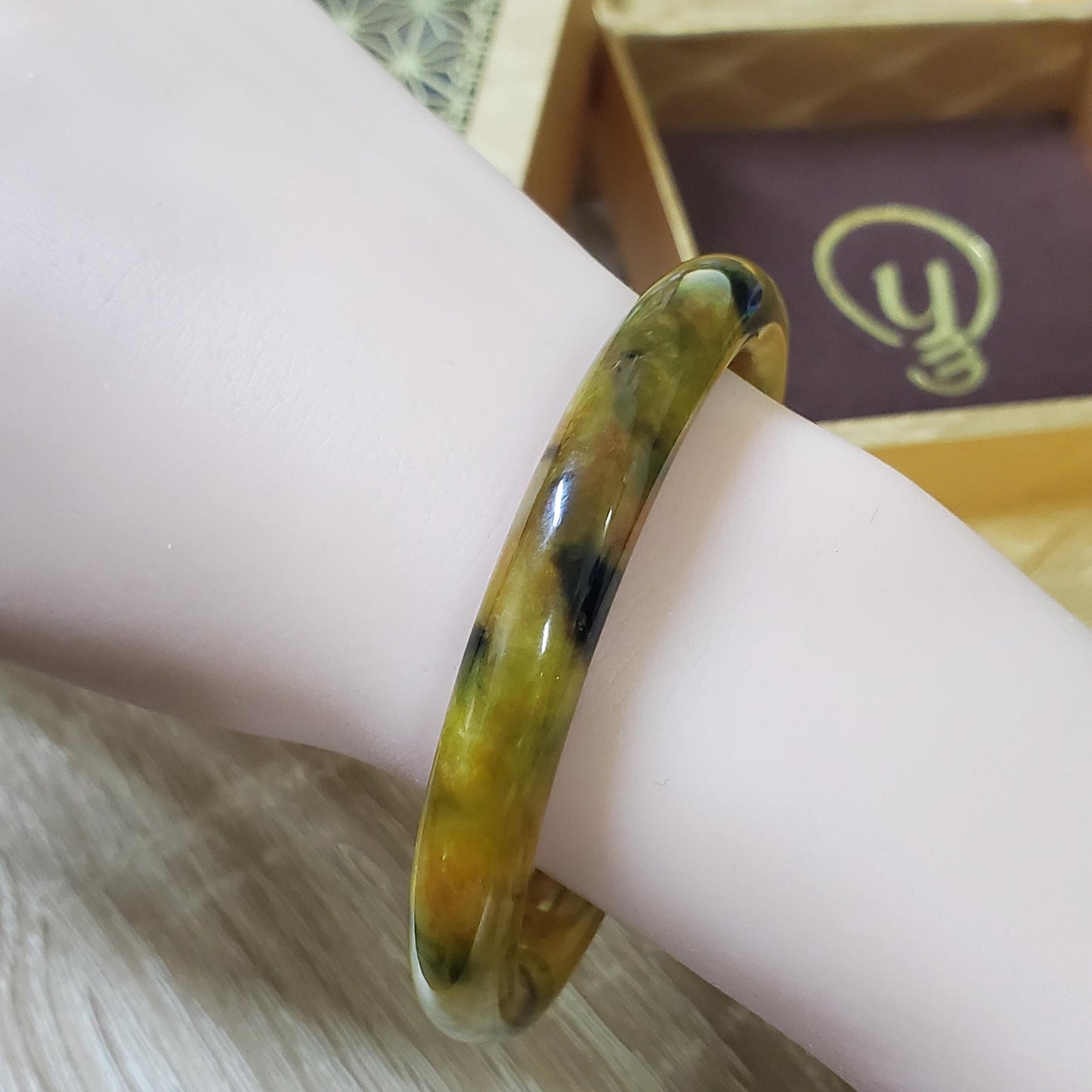 High Quality 48–72mm Jadeite Jade Yellow Black Spot YingMart Bangle Bracelets Gift for Her Mom Feng Shui Grandma Sister