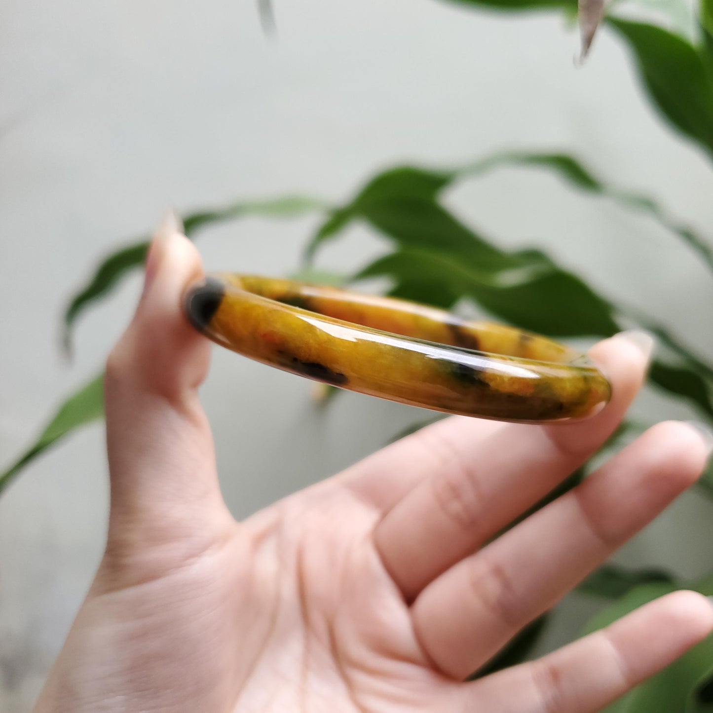 High Quality 48–72mm Jadeite Jade Yellow Black Spot YingMart Bangle Bracelets Gift for Her Mom Feng Shui Grandma Sister