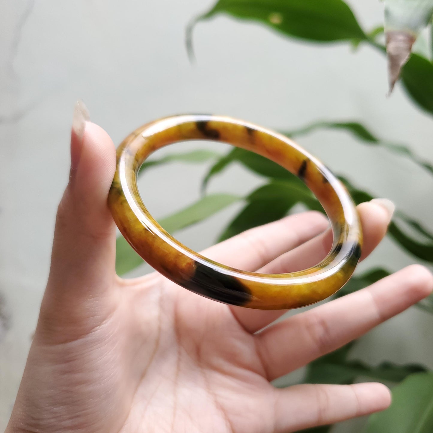 High Quality 48–72mm Jadeite Jade Yellow Black Spot YingMart Bangle Bracelets Gift for Her Mom Feng Shui Grandma Sister