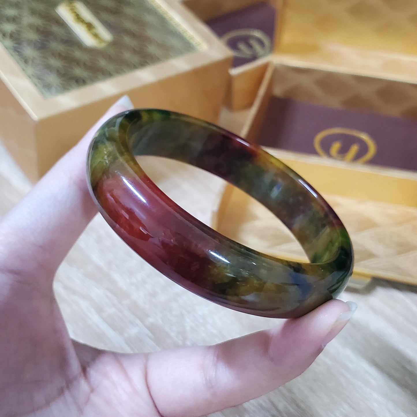 High Quality 48–72mm Jadeite Jade Orange Yellow Green Black Veins Bangle Bracelets Gift for Her Mom Grandma Feng Shui Personalized Jewelry