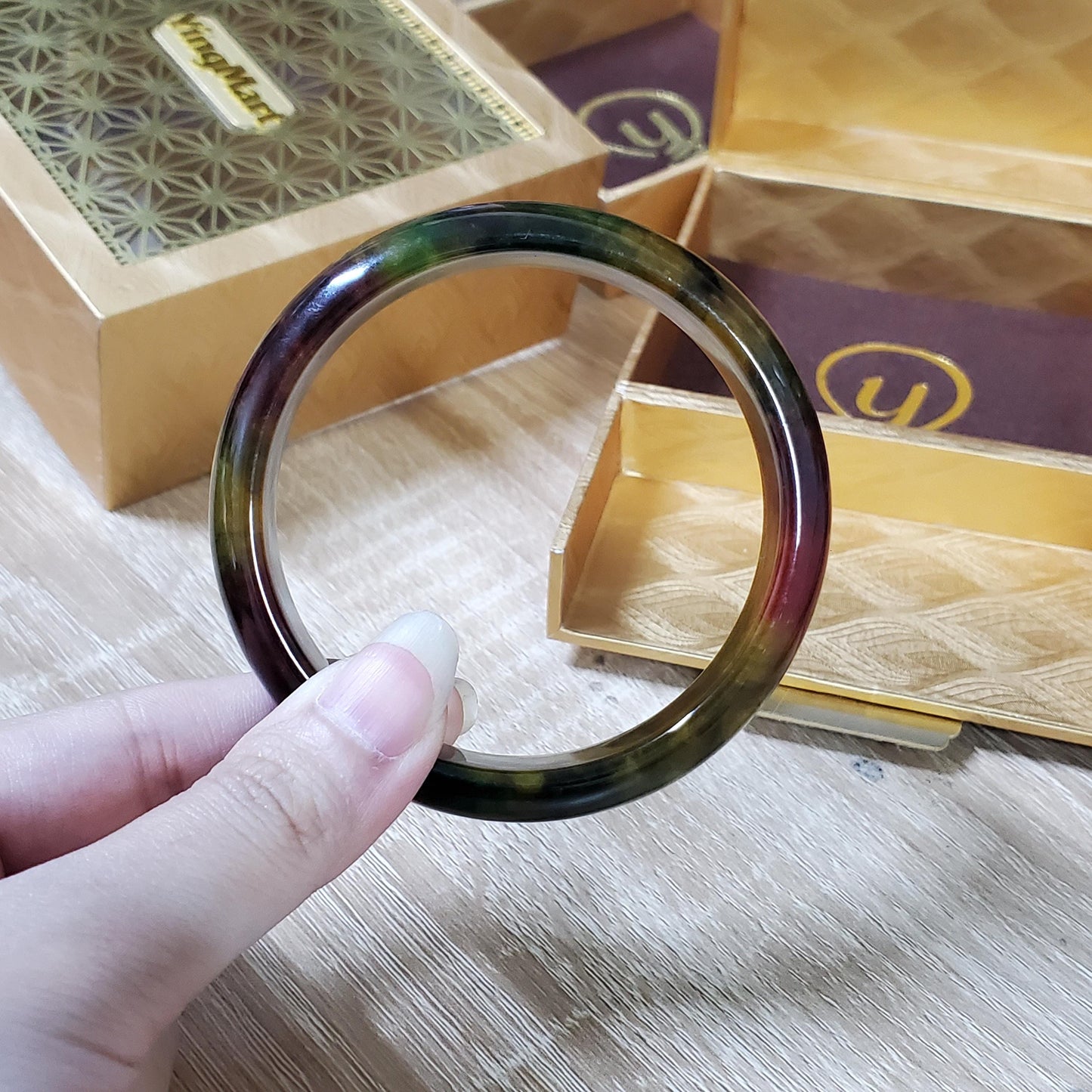 High Quality 48–72mm Jadeite Jade Orange Yellow Green Black Veins Bangle Bracelets Gift for Her Mom Grandma Feng Shui Personalized Jewelry