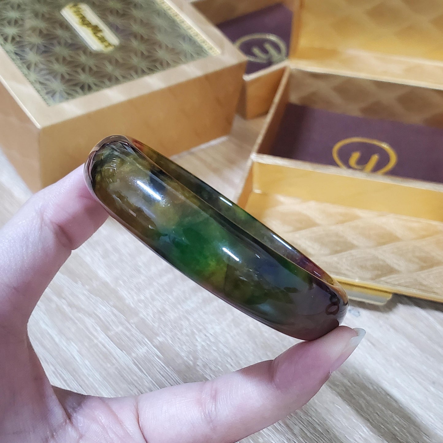 High Quality 48–72mm Jadeite Jade Orange Yellow Green Black Veins Bangle Bracelets Gift for Her Mom Grandma Feng Shui Personalized Jewelry