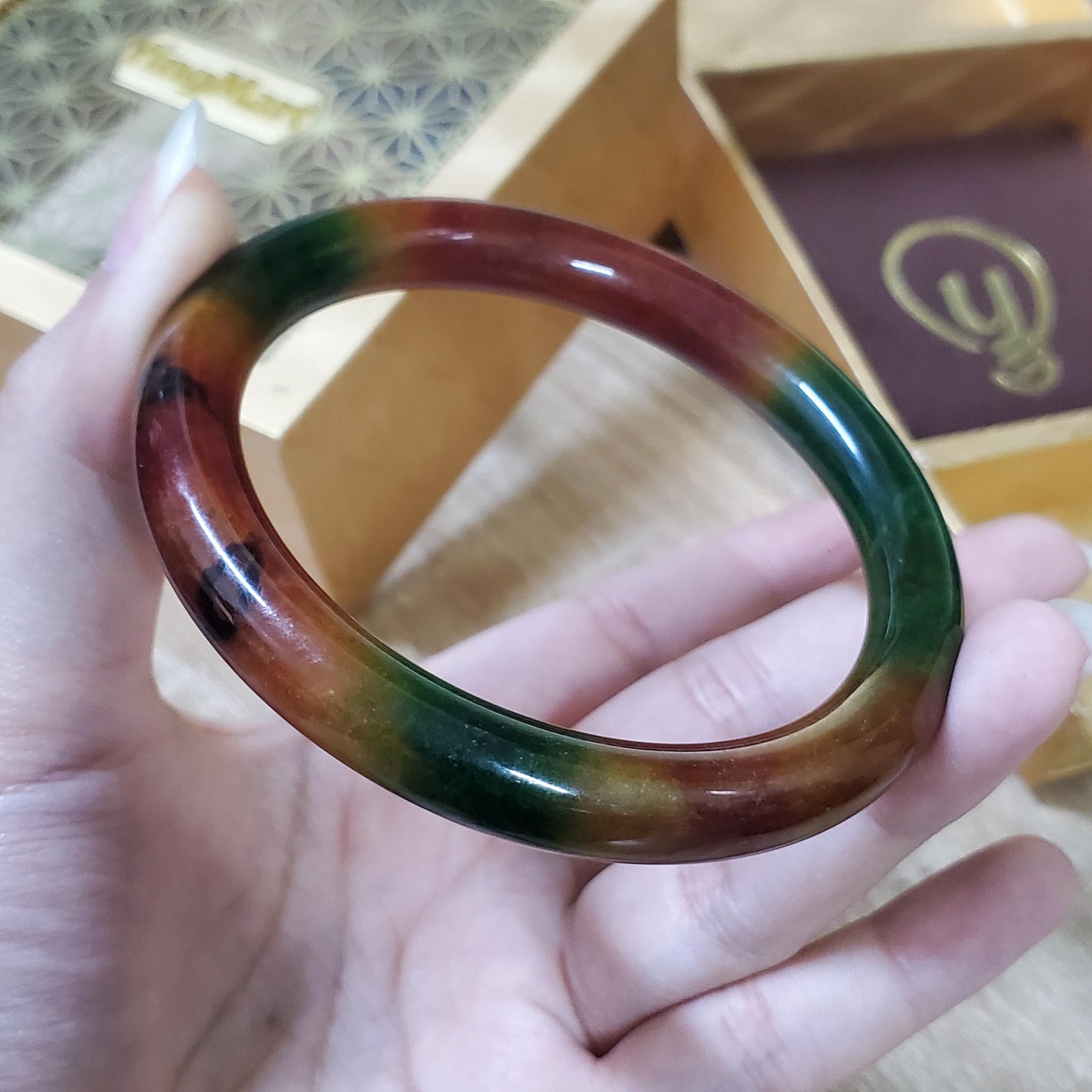 High Quality 48–72mm Jadeite Jade Yellow Green Black Brown Spot YingMart Bangle Bracelets Gift for Her Feng Shui Grandma Sister