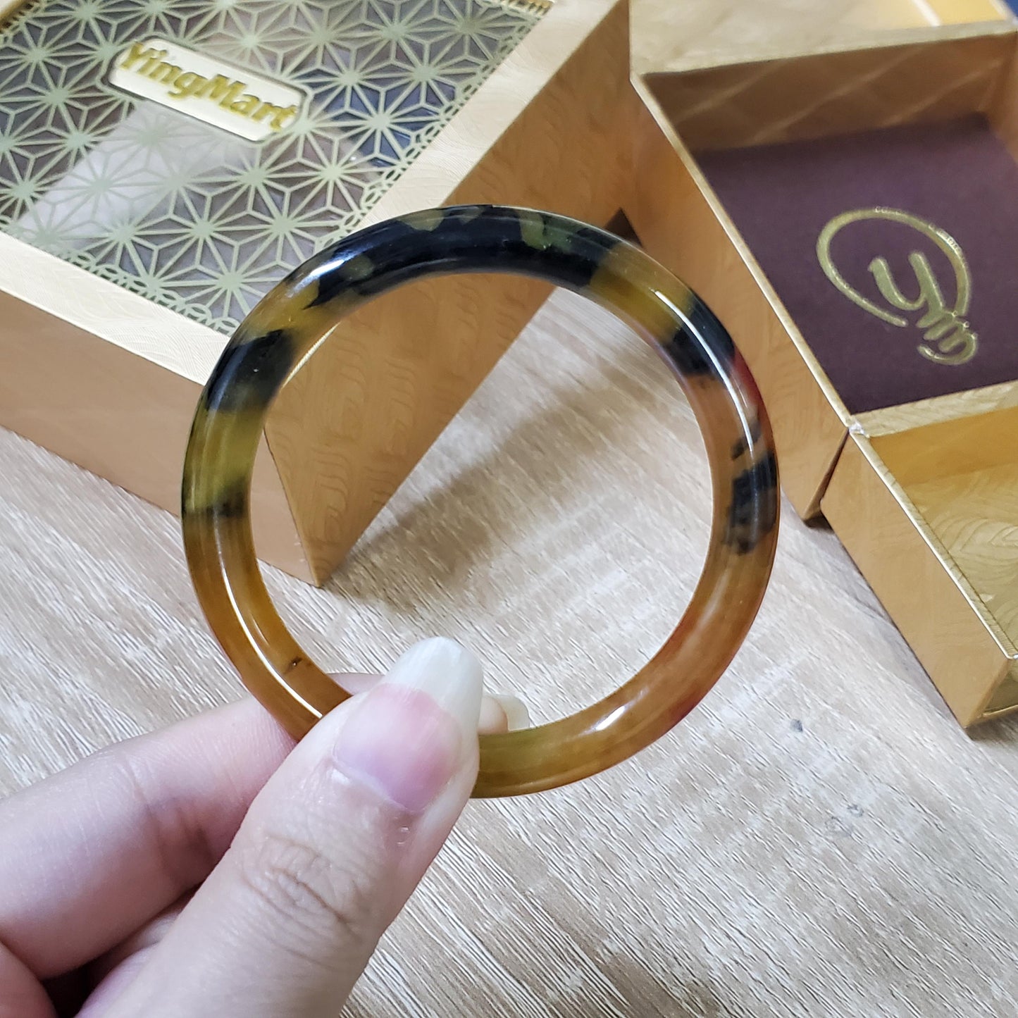 High Quality 48–72mm Jadeite Jade Yellow Black Veins YingMart Bangle Bracelets Gift for Her Mom Feng Shui Grandma Sister
