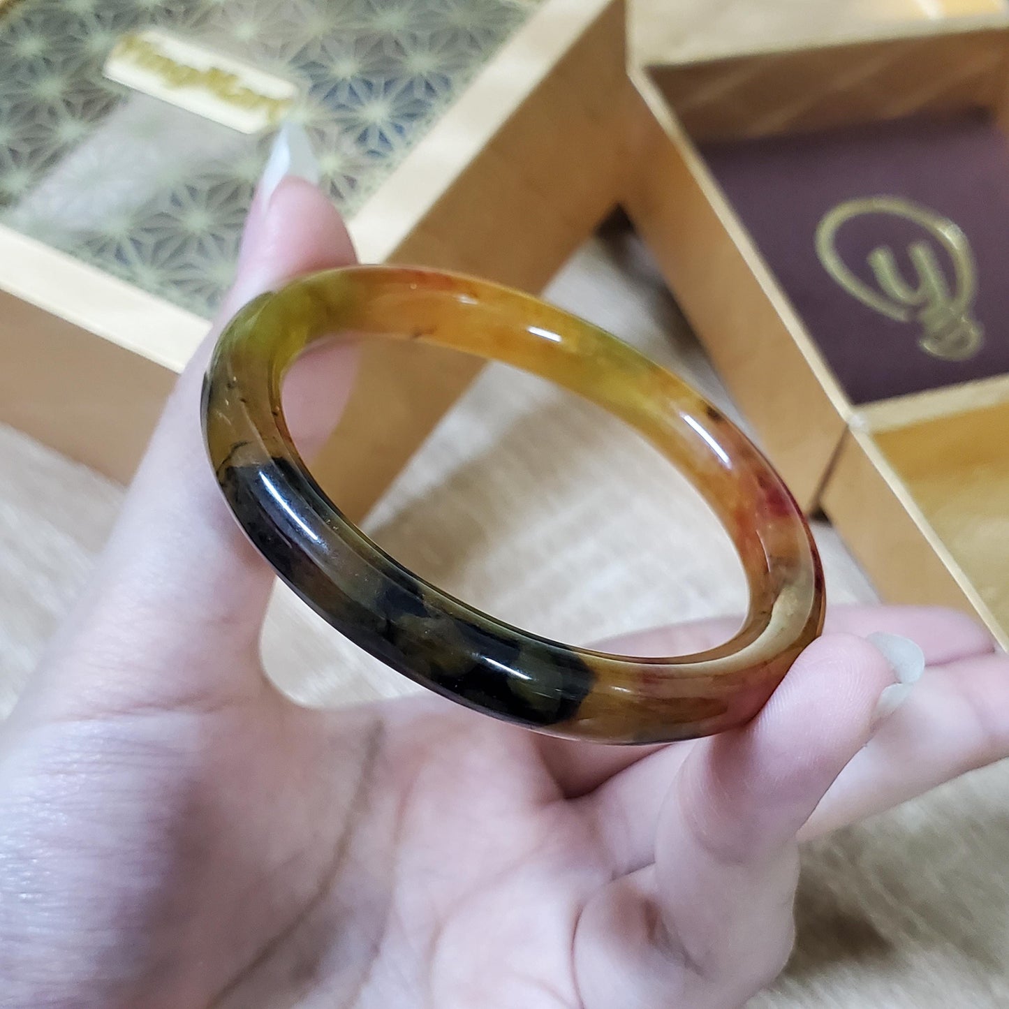 High Quality 48–72mm Jadeite Jade Yellow Black Veins YingMart Bangle Bracelets Gift for Her Mom Feng Shui Grandma Sister