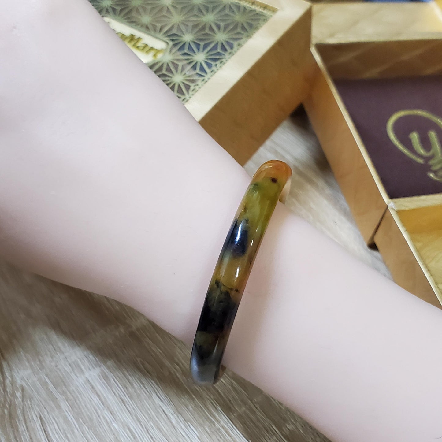 High Quality 48–72mm Jadeite Jade Yellow Black Veins YingMart Bangle Bracelets Gift for Her Mom Feng Shui Grandma Sister