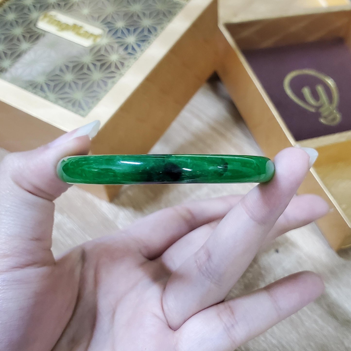 High Quality 48–72mm Jadeite Jade Green Black Spot YingMart Bangle Bracelets Gift for Her Mom Feng Shui Grandma Sister