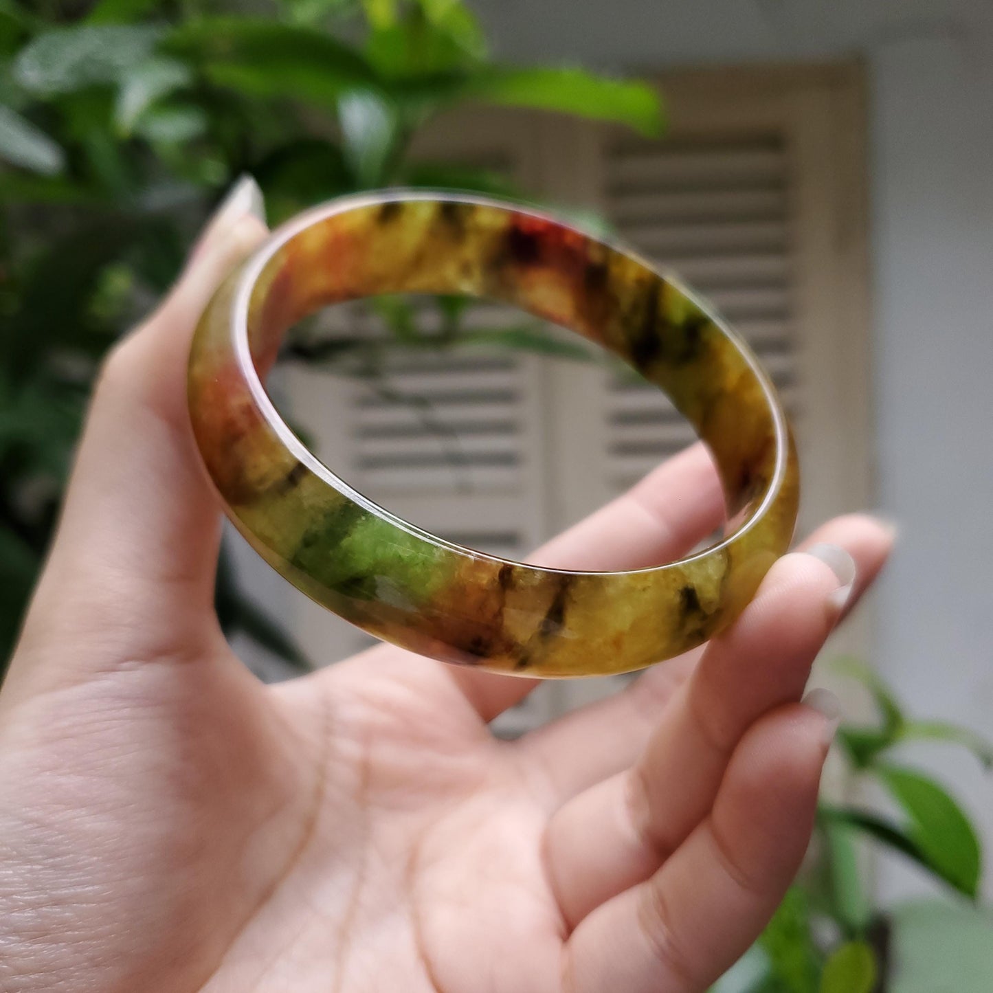 High Quality 48-72mm Jadeite Jade Bangle, Yellow Mixed Green Black Brown Spot, Burmese, D-Shape, Feng Shui Jewelry, Gift for Mom