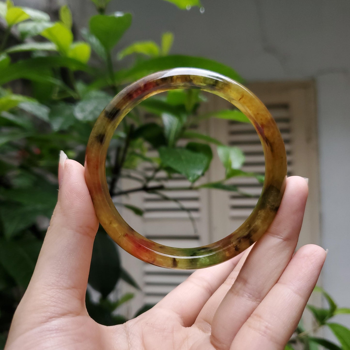 High Quality 48-72mm Jadeite Jade Bangle, Yellow Mixed Green Black Brown Spot, Burmese, D-Shape, Feng Shui Jewelry, Gift for Mom