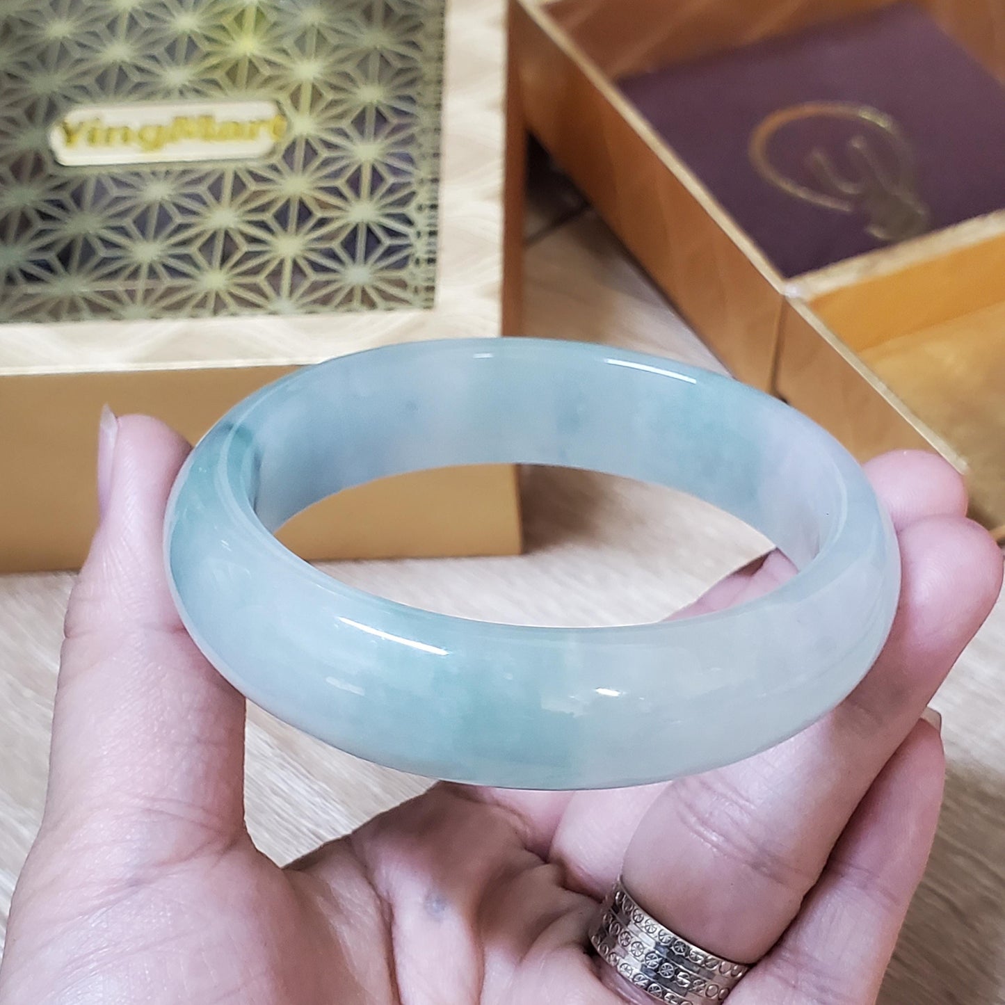High Quality 48–72mm Natural-Colour Jade White to Blue Floating Veins YingMart Bangle Bracelets Gift for Her Grandmother Sister Mens