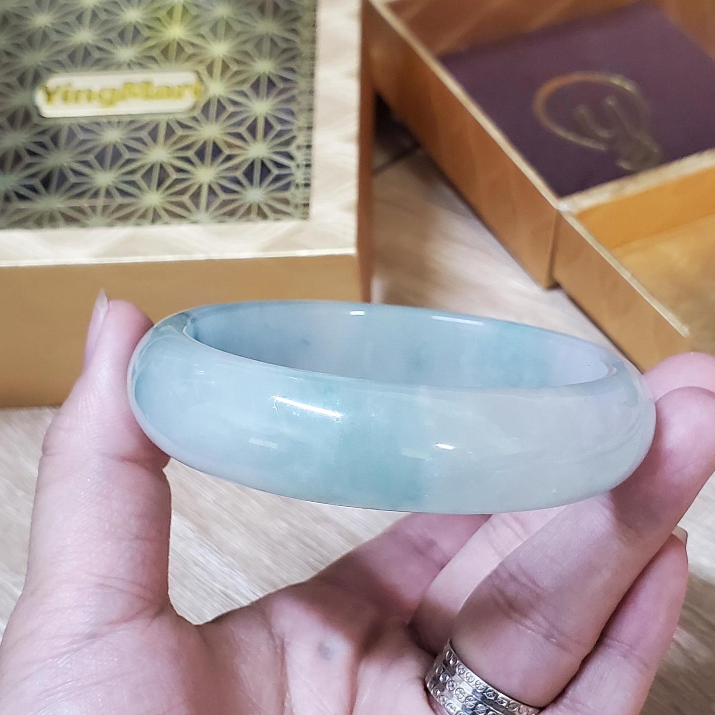 High Quality 48–72mm Natural-Colour Jade White to Blue Floating Veins YingMart Bangle Bracelets Gift for Her Grandmother Sister Mens