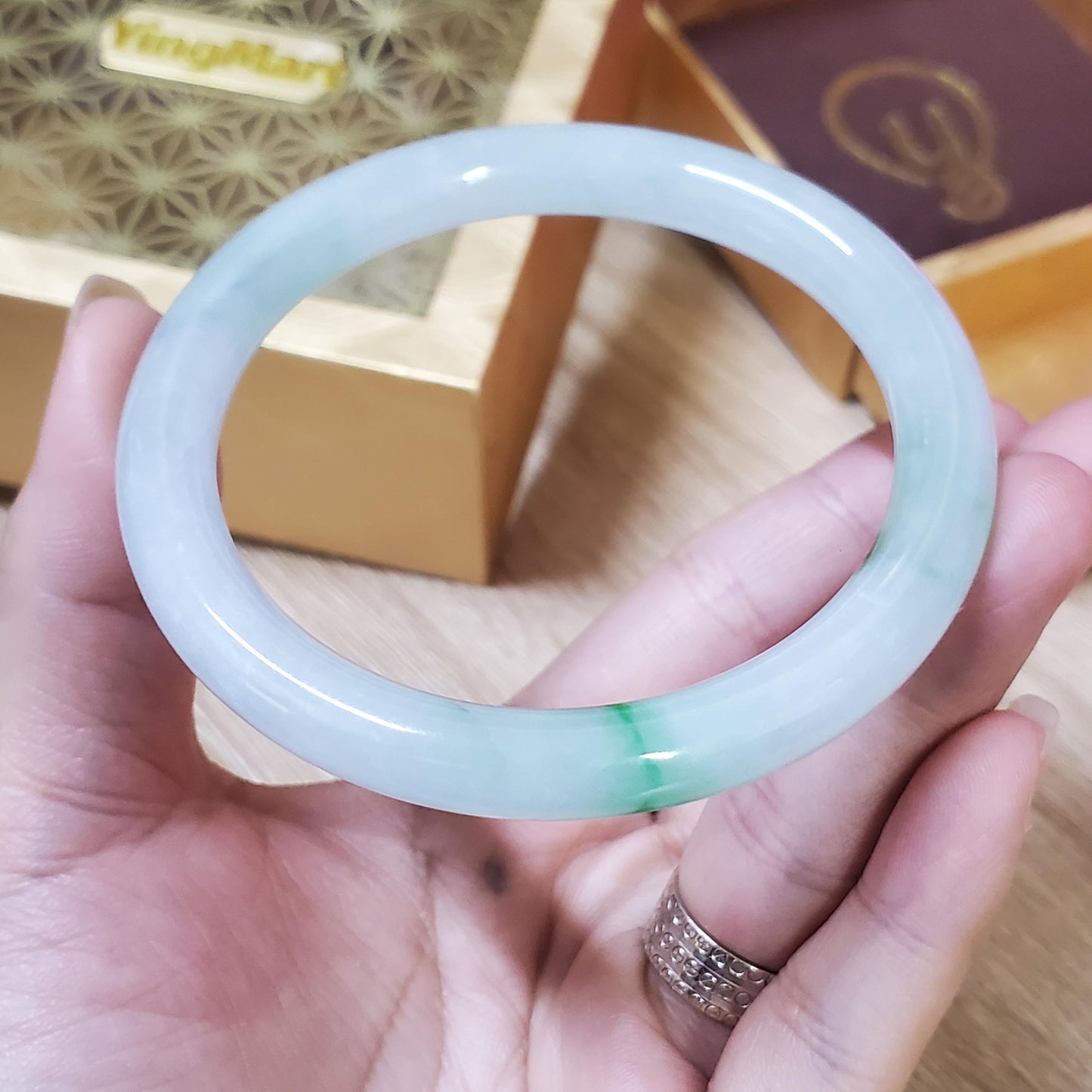 High Quality 48–72mm Natural-Colour Jade White Green Floating Veins YingMart Bangle Bracelets Gift for Her Grandmother Sister Mens