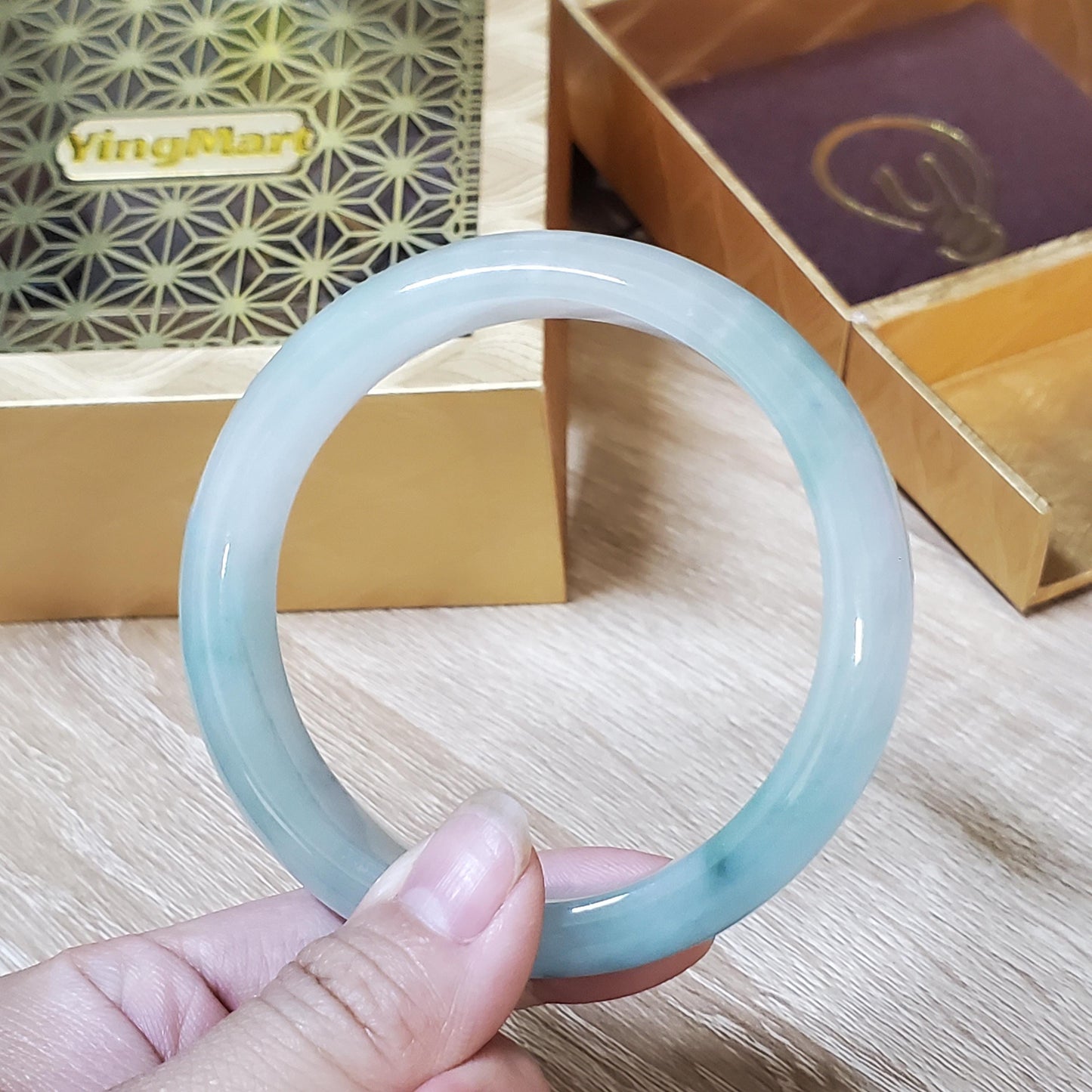 High Quality 48–72mm Natural-Colour Jade White to Blue Floating Veins YingMart Bangle Bracelets Gift for Her Grandmother Sister Mens