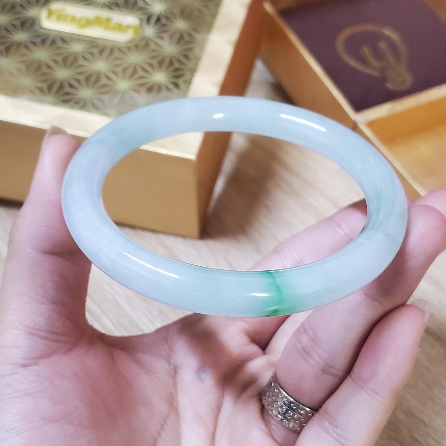 High Quality 48–72mm Natural-Colour Jade White Green Floating Veins YingMart Bangle Bracelets Gift for Her Grandmother Sister Mens