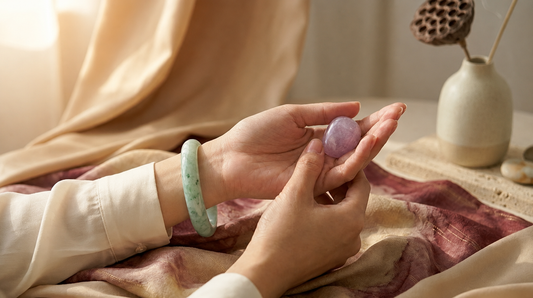 Woman wearing a pale green jade bangle gently holds a polished purple gemstone in a warm, softly lit setting with layered fabrics and a ceramic vase.