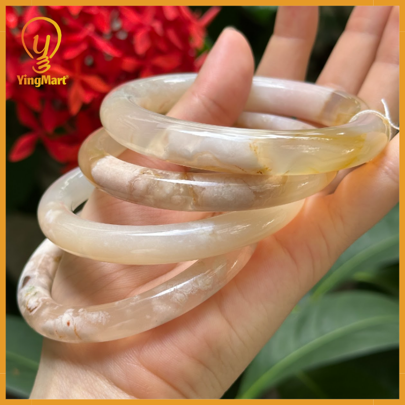 Yingmart 50mm-58mm Natural Pink Blossom Agate Bangle Bracelets, Real Gemstone Bracelet, Vintage Jewelry