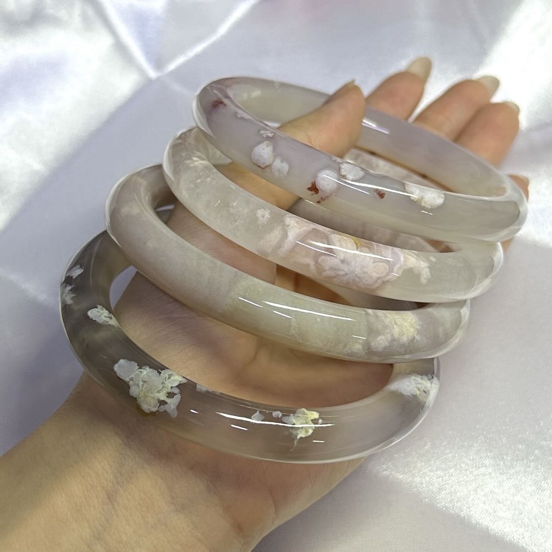 Yingmart 50mm-58mm Natural Pink Blossom Agate Bangle Bracelets, Real Gemstone Bracelet, Vintage Jewelry