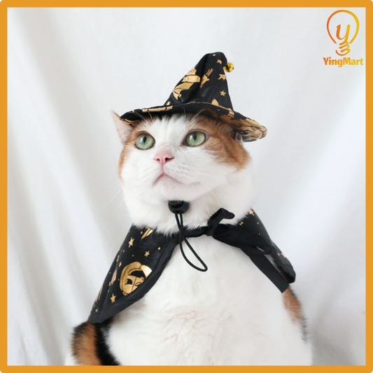 Witch Cloak Hat Set For Cats Dogs Wizard Theme Halloween Party Pet Costume Cosplay