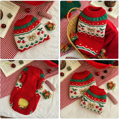 Christmas Cherry Pet Sweater Warm Winter Clothes for Small Dogs Cats Holiday Outfit