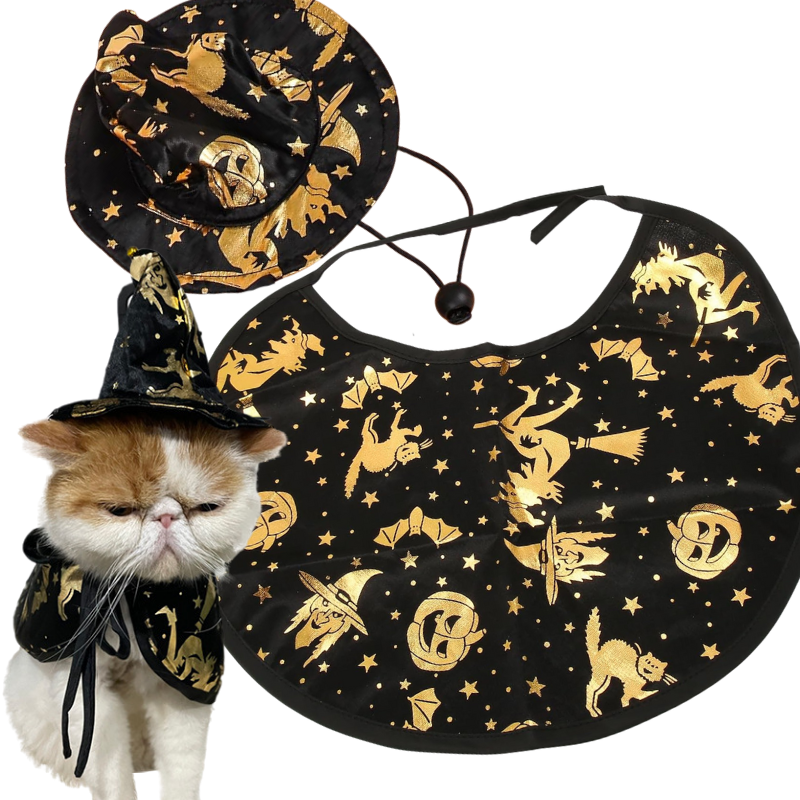 Witch Cloak Hat Set For Cats Dogs Wizard Theme Halloween Party Pet Costume Cosplay