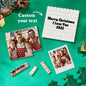 Personalized building brick photo block Christmas ornament, custom family photos and text, festive holiday decor.