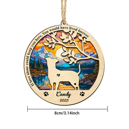 Personalized dog memorial suncatcher, custom name and year, wooden ornament, pet loss gift.