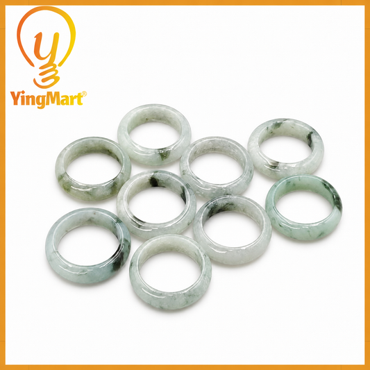 Yingmart 16 mm Genuine Grey White Green Natural Type A Jadeite Ring, Burmese Myanmar Gemstones, Real Gemstone Ring, Vintage Jewelry