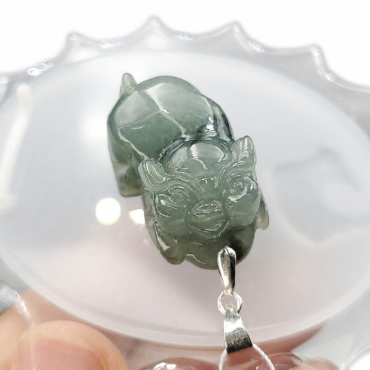 Yingmart Light Blue Piggy Burmese Myanmar Genuine Jadeite Jade Grade A Hand Craving Pedant with Hook setting