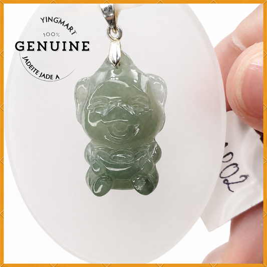 Yingmart Light Blue Piggy Burmese Myanmar Genuine Jadeite Jade Grade A Hand Craving Pedant with Hook setting