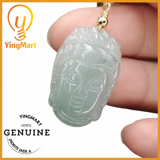 Yingmart Light Blue Guan-Yin Buhdda Face Burmese Myanmar Genuine Jadeite Jade Grade A Hand Craving Pedant with Hook setting