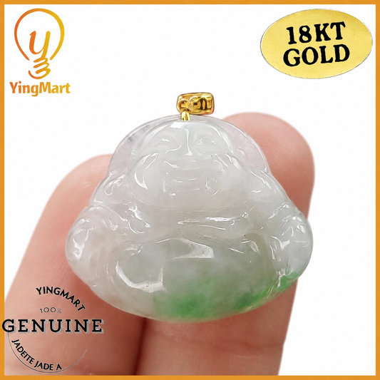 Yingmart Authentic White Apply Green Floating Laughing Buhdda Burmese Myanmar Genuine Jadeite Jade Grade A Hand Craving Pedant