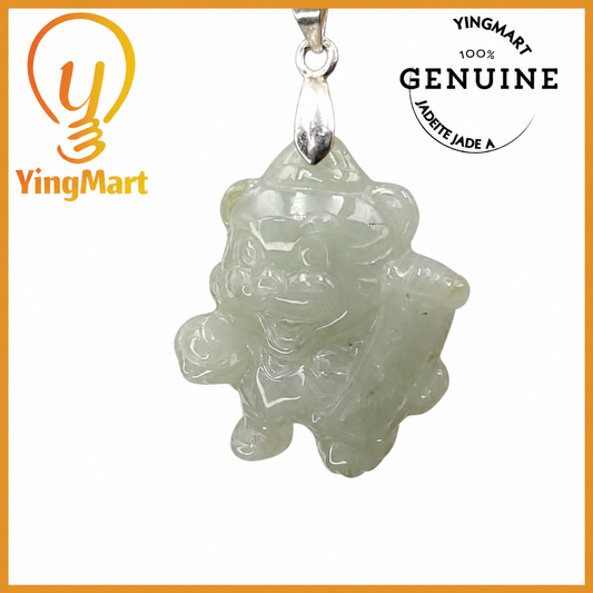 Yingmart White Happy Tiger Burmese Myanmar Genuine Jadeite Jade Grade A Hand Craving Pedant with Hook setting