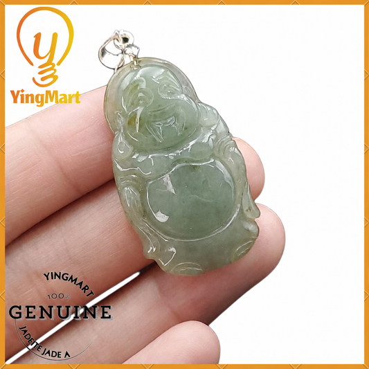 Yingmart Light Blue Laughing Buhdda Burmese Myanmar Genuine Jadeite Jade Grade A Hand Craving Pedant with Hook setting