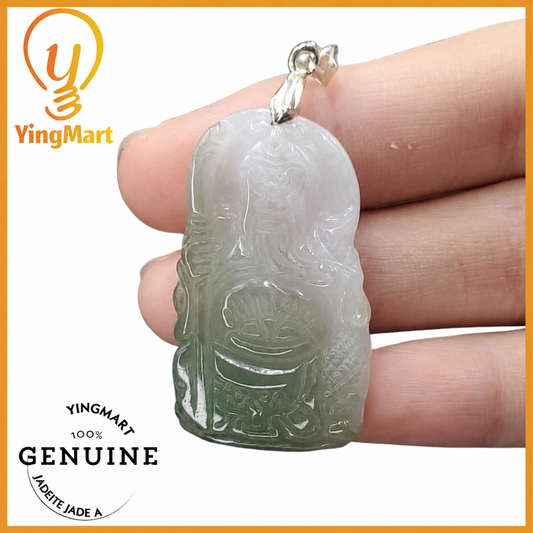 Yingmart Guan-Gong White Green  Burmese Myanmar Genuine Jadeite Jade Grade A Hand Craving Pedant with Hook setting