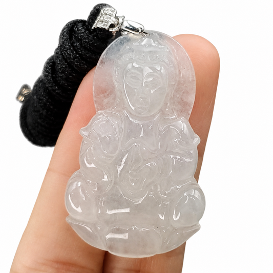 Yingmart High-quality Jadeite Jade  White Guan-yin Buddha Burmese Myanmar Genuine Hand Craving  Pedant with S925 Hook with CZ Stone Embeded