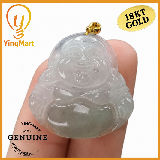 Yingmart High-quality Icy White, Light Green Grade A Jadeite Jade Laughing Buddha Burmese Myanmar A Hand Craving Pedant  with 18K Gold Hook