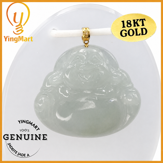 Yingmart White Semi-Translucent Laughing Buhdda Burmese Myanmar Genuine Jadeite Jade Grade A Hand Craving Pedant with 18K Gold Hook setting