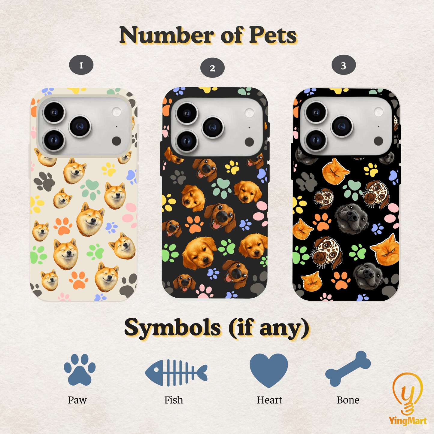 Custom Pet Phone Case for iPhone 17/ 17 Air/ 17 Pro/ 17 Pro Max by YingMart, Personalized Pet Portrait Cover with Paw, Heart, Fish & Bone Symbols