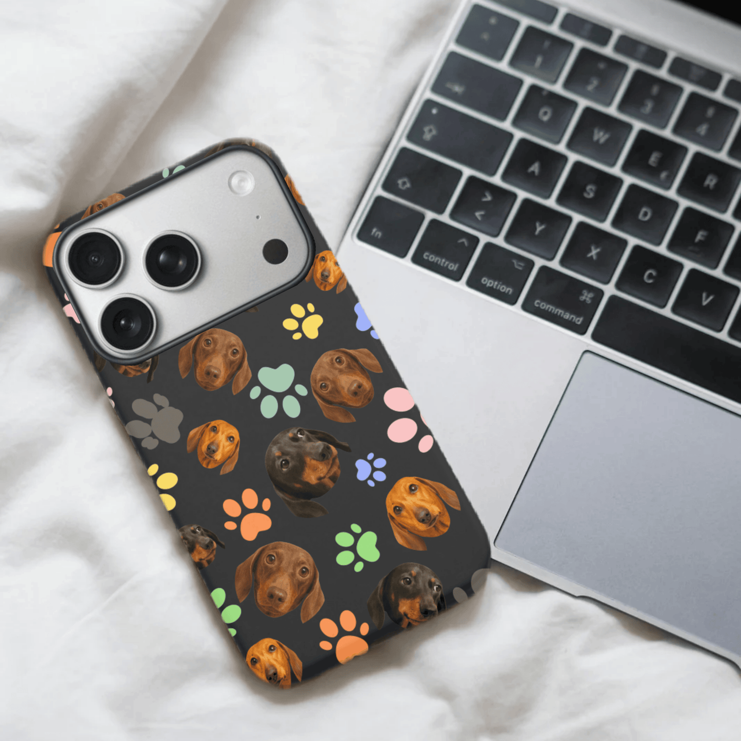 Custom Pet Phone Case for iPhone 17/ 17 Air/ 17 Pro/ 17 Pro Max by YingMart, Personalized Pet Portrait Cover with Paw, Heart, Fish & Bone Symbols