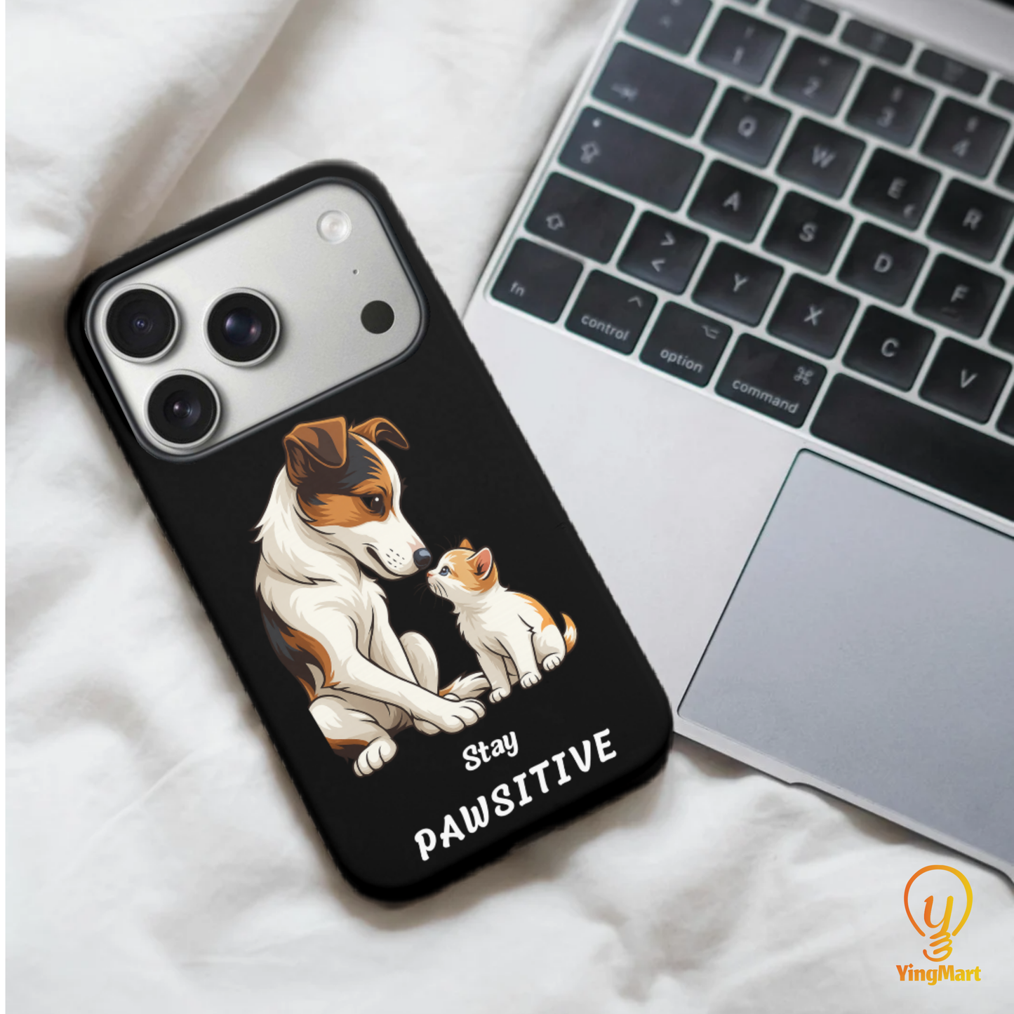 Stay Pawsitive Custom Pet Phone Case for iPhone 17 by YingMart – Personalized Animal Portrait, Protective Cover, for Pet Lovers.
