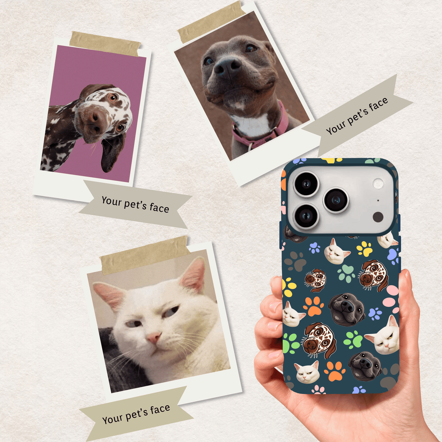 Custom Pet Phone Case for iPhone 17/ 17 Air/ 17 Pro/ 17 Pro Max by YingMart, Personalized Pet Portrait Cover with Paw, Heart, Fish & Bone Symbols