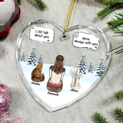 Personalized heart-shaped pet memorial ornament, glass with dog and cat design, "I miss you" message, Christmas decoration.