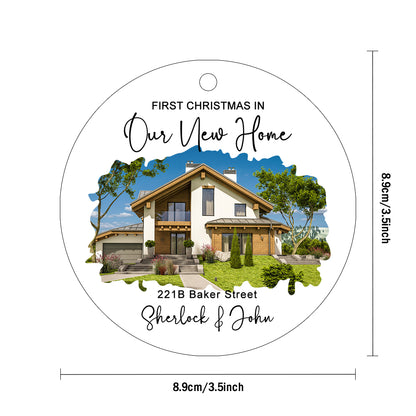Custom watercolor house ornament with personalized text for new home. Acrylic housewarming gift with red ribbon.
