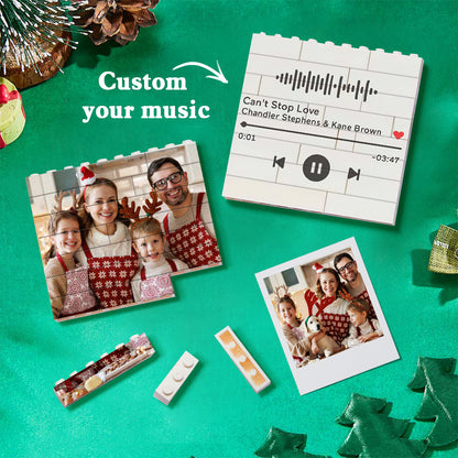 Custom photo block Christmas ornament with family images, square brick design, festive decor.