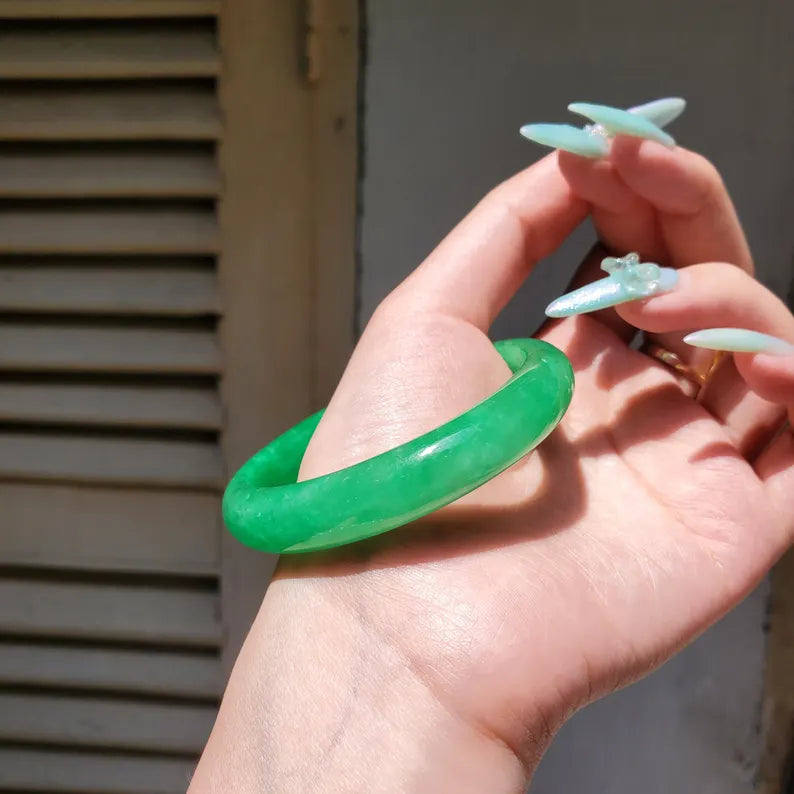 Natural Green Jadeite Jade D-shape Bangle 48-66mm | Real Gemstone Bracelet, Elegant, Vintage Jewelry, Gift for her, Mother's Day gift