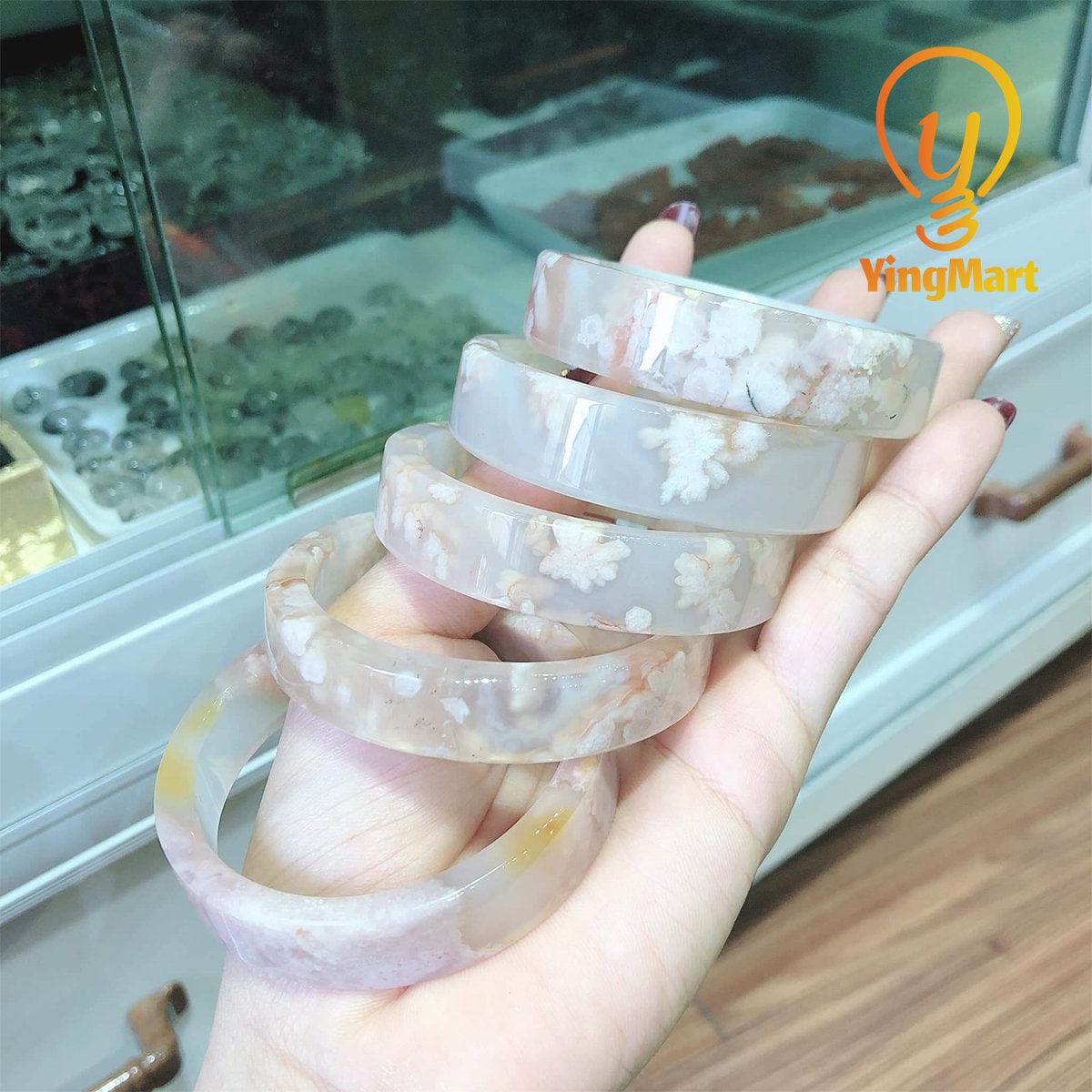 Yingmart 50mm-58mm Natural Pink Blossom Agate Bangle Bracelets, Real Gemstone Bracelet, Vintage Jewelry