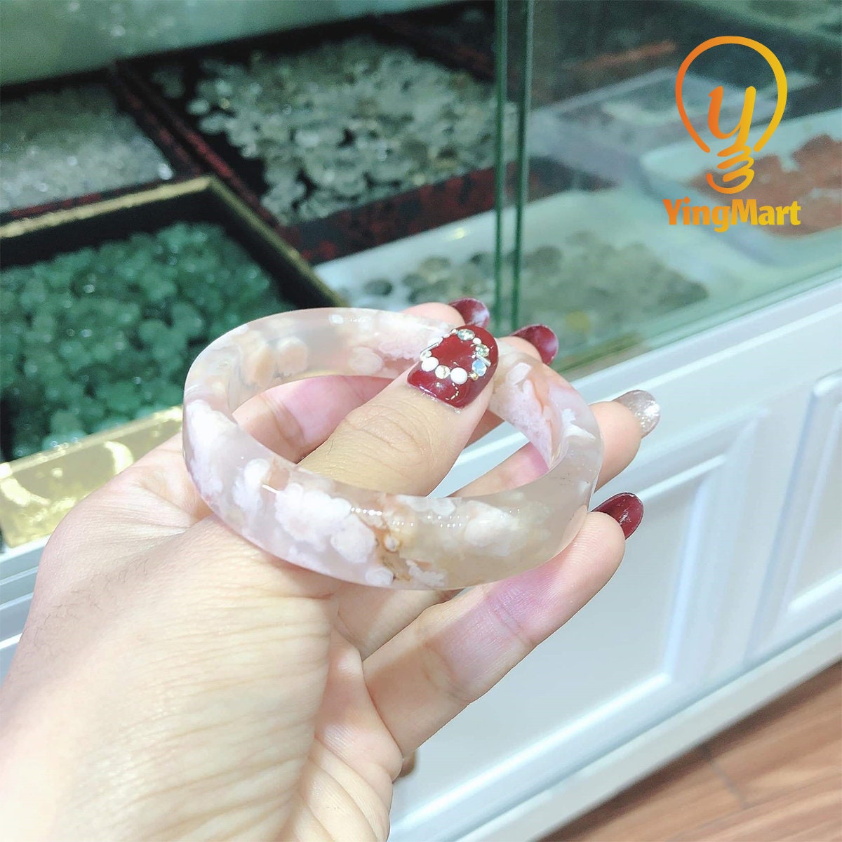 Yingmart 50mm-58mm Natural Pink Blossom Agate Bangle Bracelets, Real Gemstone Bracelet, Vintage Jewelry