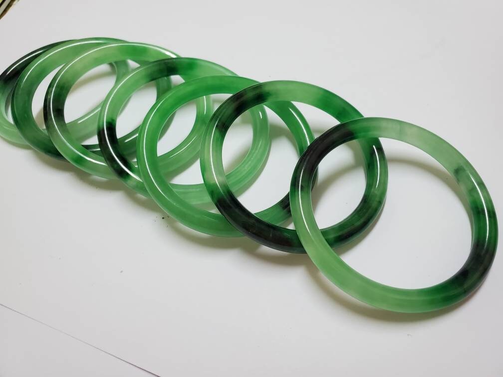 Yingmart 50-69mm Green Dark Spot Jadeite Jade Bangle, Real Gemstone Bracelet, Vintage Jewelry, Christmas Gift, Newyear